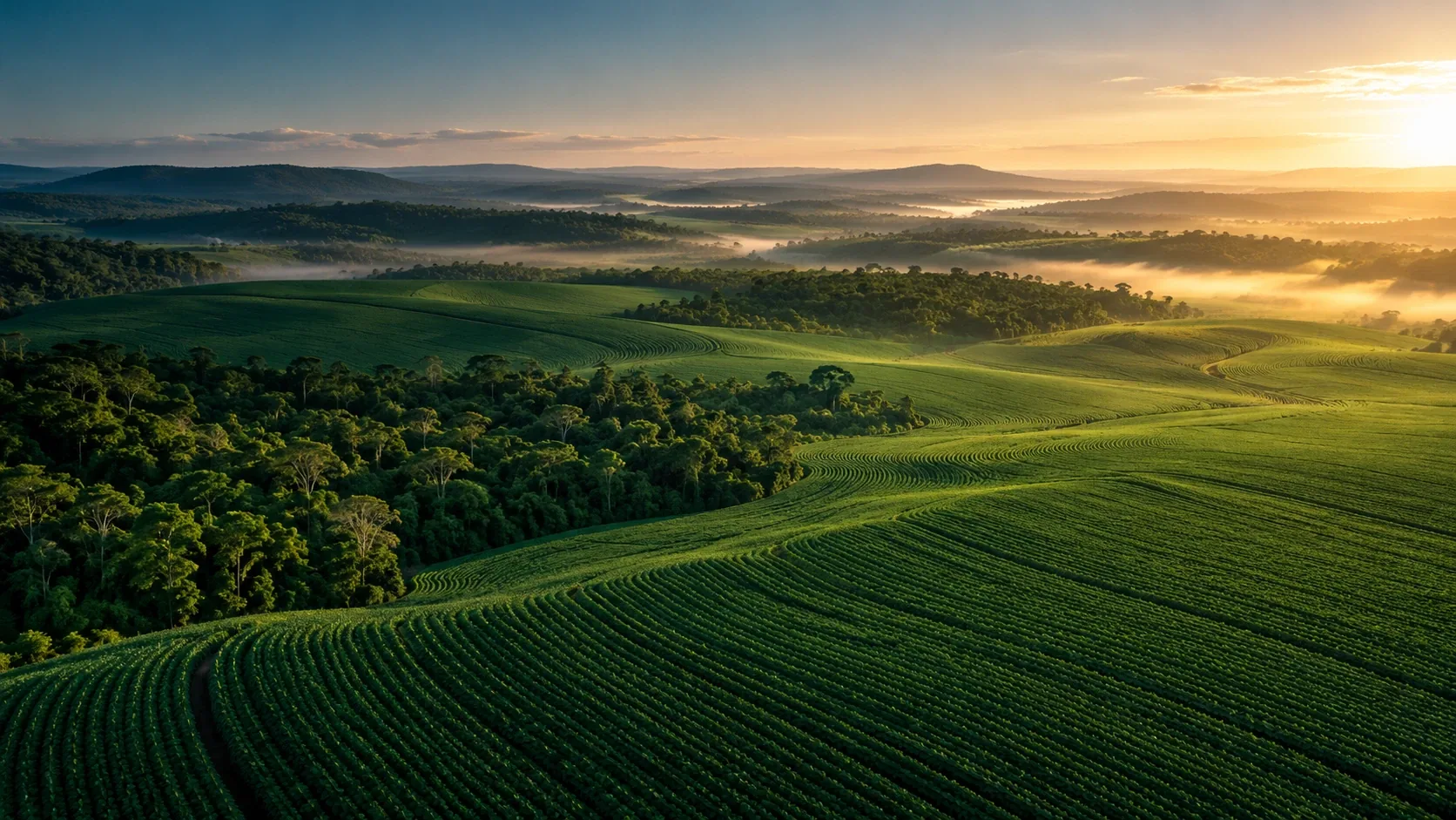 Lavouras ao amanhecer com névoa sobre a mata, no interior do Brasil